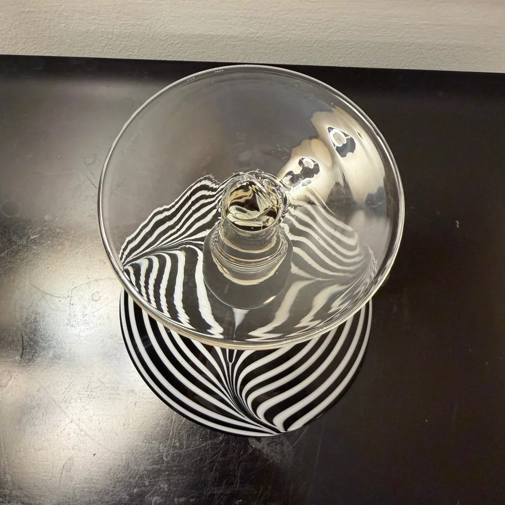 Murano Hand Blown Art Glass Zebra Swirl Avici Martini Glass Black White XL VTG